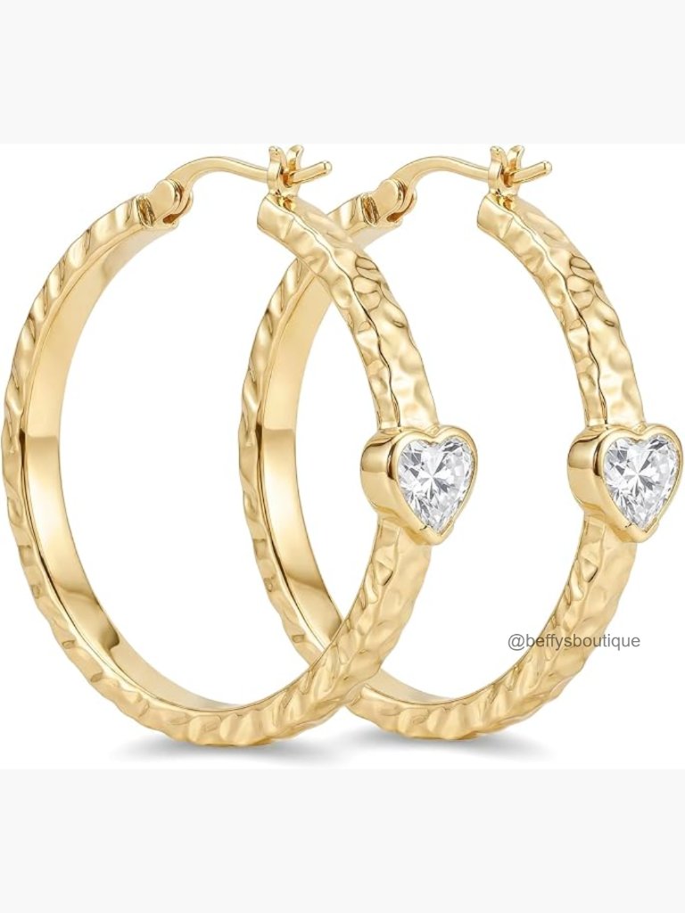14k Gold Hoop Earrings Heart Cz Hand-Hammered Textured Lightweight 35mm